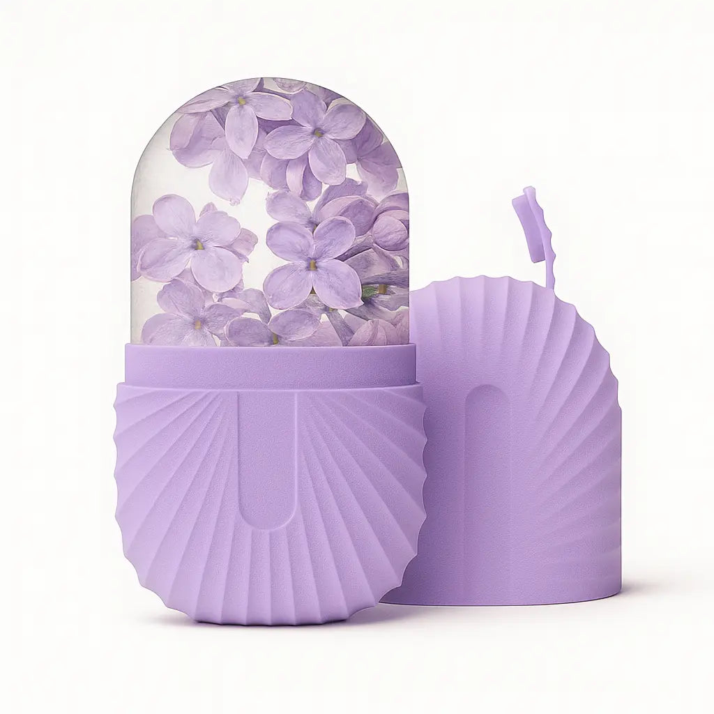 CryoLift violet avec fleurs de lilas, ice roller relaxant pour peau fatiguée et terne