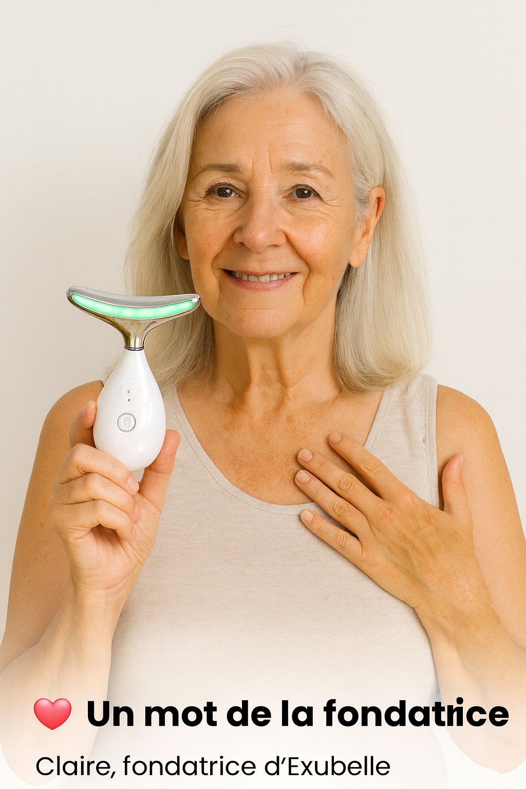 Claire, fondatrice d’Exubelle tenant l’appareil